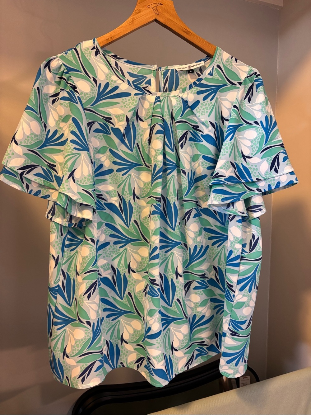 Michelle McDowell Women’s Floral Print Ruffle Sleeve Blouse - Blue/Green